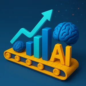"Ilustración 3D de una cinta transportadora amarilla con elementos que representan el crecimiento empresarial gracias a la inteligencia artificial. Sobre la cinta aparecen un cerebro azul, un gráfico de barras ascendente, una flecha en dirección ascendente y las letras 'AI', todo conectado por una red de nodos sobre un fondo azul oscuro tecnológico."