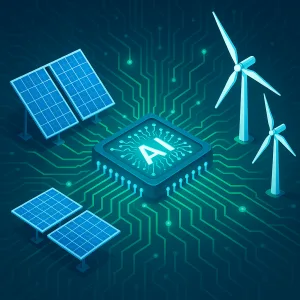 Chip de inteligencia artificial conectado a paneles solares y turbinas eólicas, representando la gestión eficiente de energía renovable mediante tecnología futurista