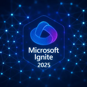 Ilustración 3D estilo Pixar del logo de Microsoft Ignite 2025 sobre una red digital luminosa en tonos azul eléctrico y púrpura