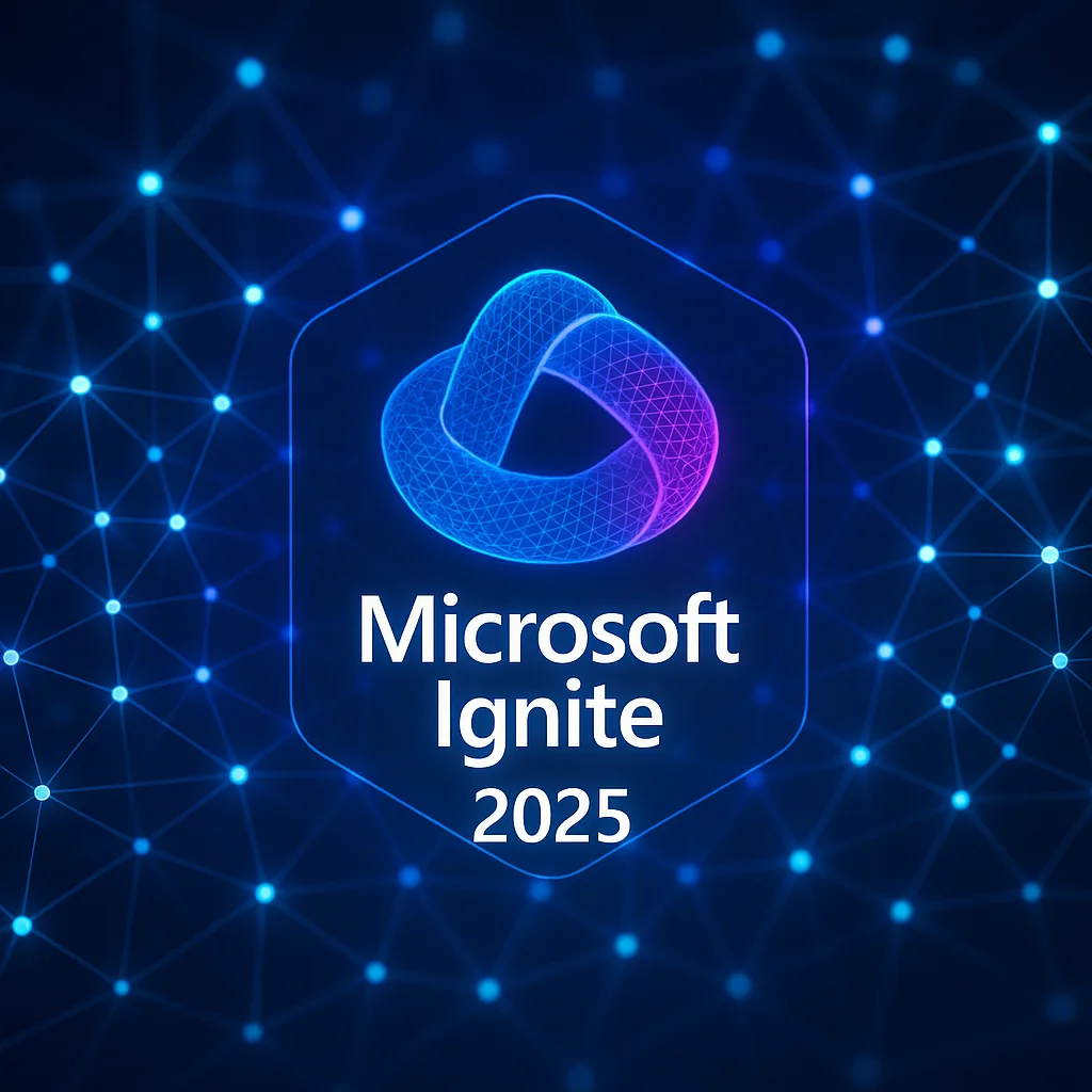 Ilustración 3D estilo Pixar del logo de Microsoft Ignite 2025 sobre una red digital luminosa en tonos azul eléctrico y púrpura