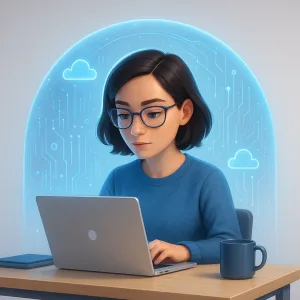 Ilustración 3D estilo Pixar de una persona trabajando desde casa con un portátil, protegida por una burbuja digital azul que simboliza tecnología e inteligencia artificial, representando el concepto de empleo resiliente."