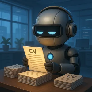 Un robot futurista de aspecto profesional y metálico, con visor luminoso azul y auriculares, analiza una pila de currículums vitae en una oficina moderna y tecnológica. Uno de los CV está iluminado y destaca sobre los demás, simbolizando la selección de un candidato. Estilo 3D tipo Pixar, con iluminación cálida y ambiente corporativo avanzado.